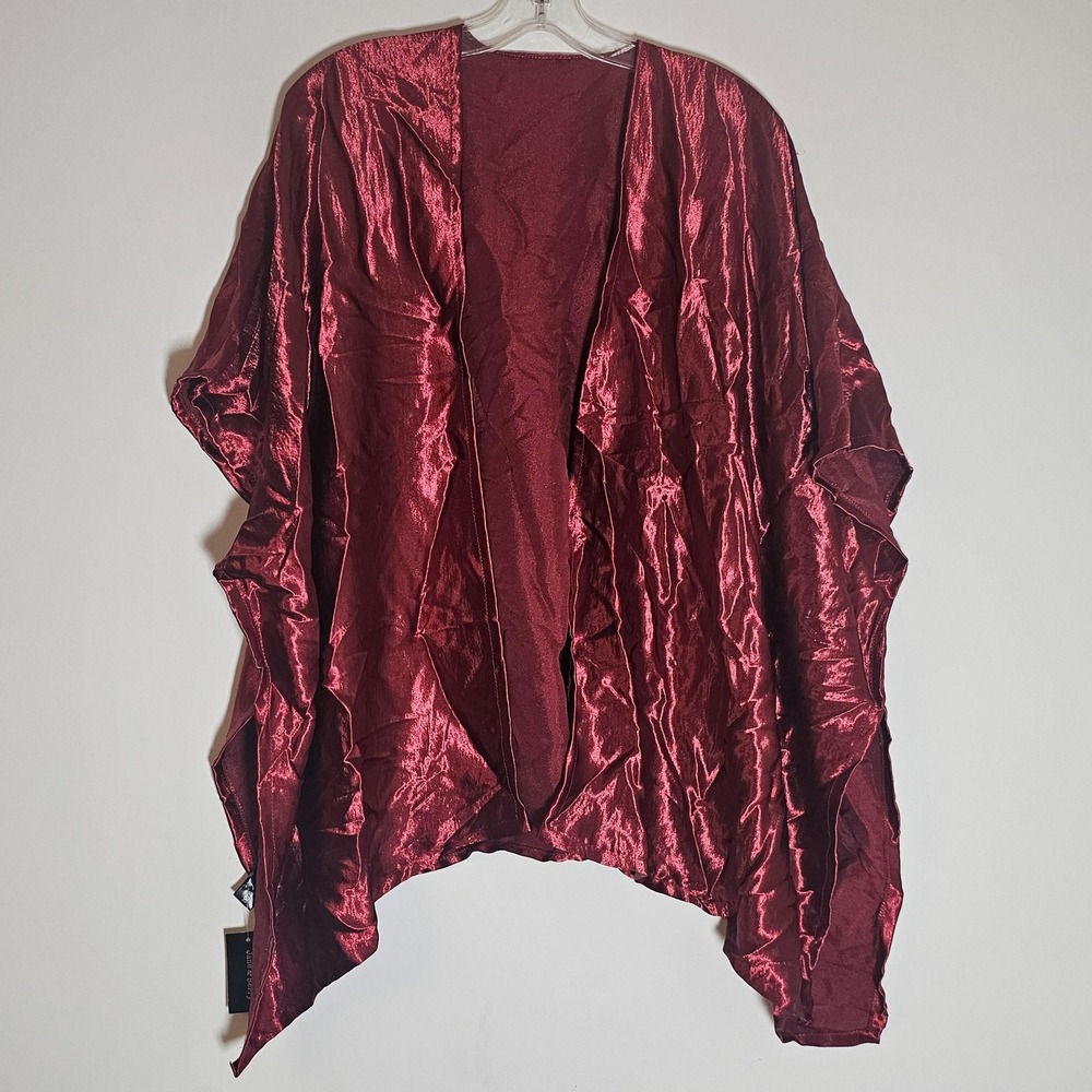 Jane & Berry Kimono Cardigan Womens One Size Burgundy Shiny Crinkle Open Front